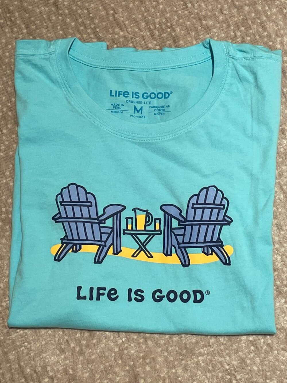 NWOT Life is Good Women's T-Shirt, Adirondack Chairs, Lemonade, Blue, Medium